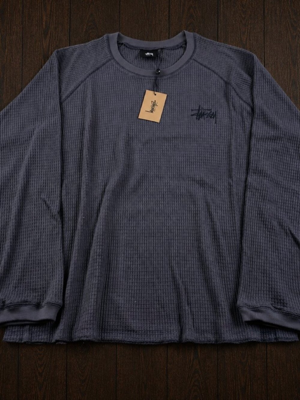 Stüssy Waffle Knit Thermal Crewneck Long Sleeve Shirt Charcoal Gray XL